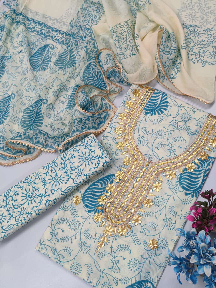 Cotton Gota Patti Neck Work Block Printed Suit Set with Chiffon Dupatta - TSPSGPCHVJ4
