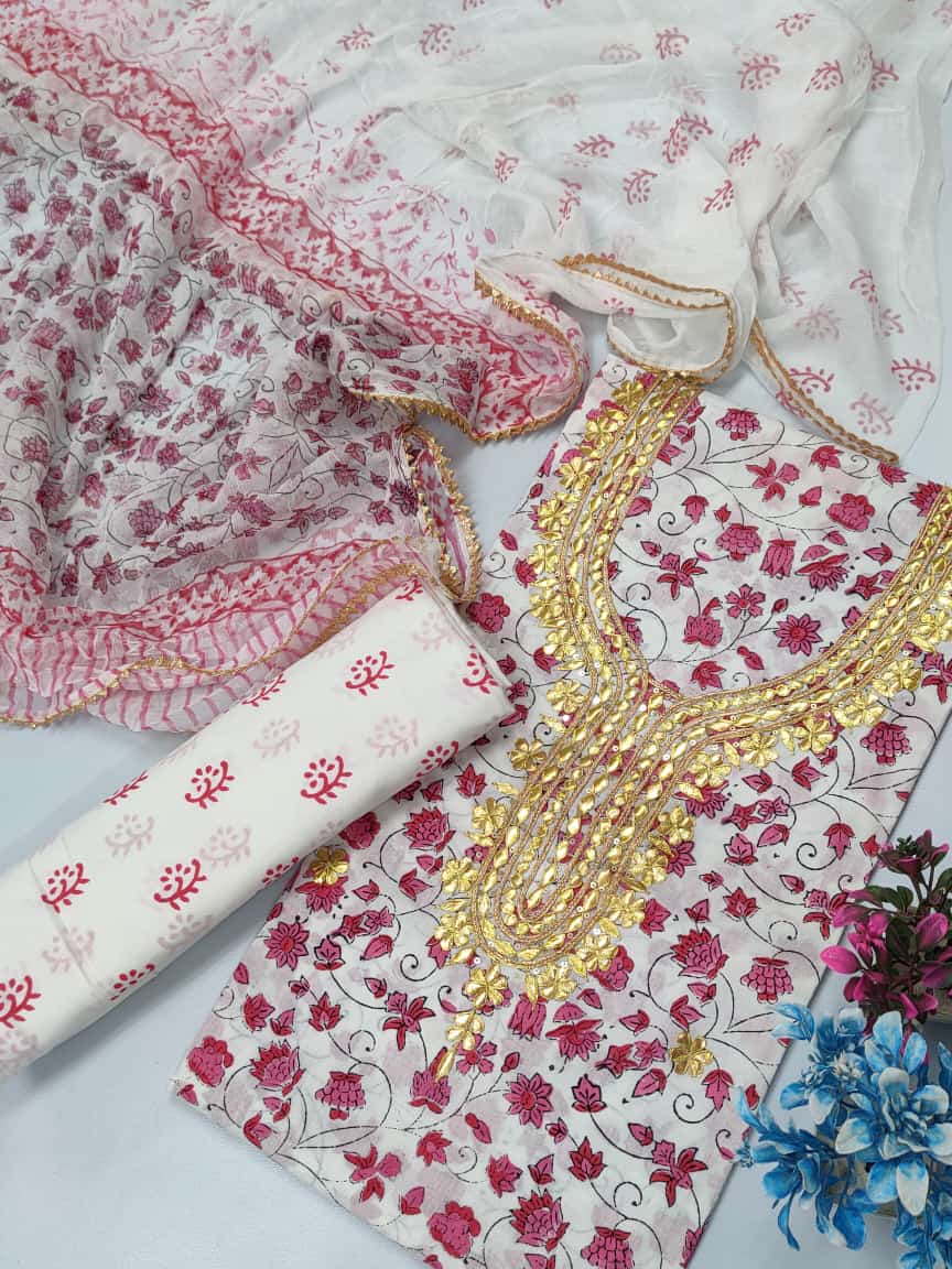 Cotton Gota Patti Neck Work Block Printed Suit Set with Chiffon Dupatta - TSPSGPCHVJ7