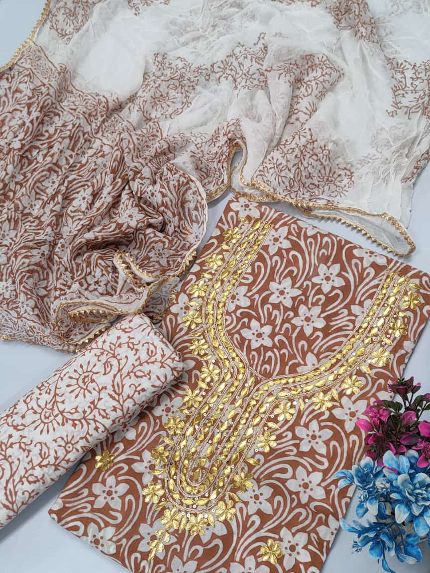 Cotton Gota Patti Neck Work Block Printed Suit Set with Chiffon Dupatta - TSPSGPCHVJ8