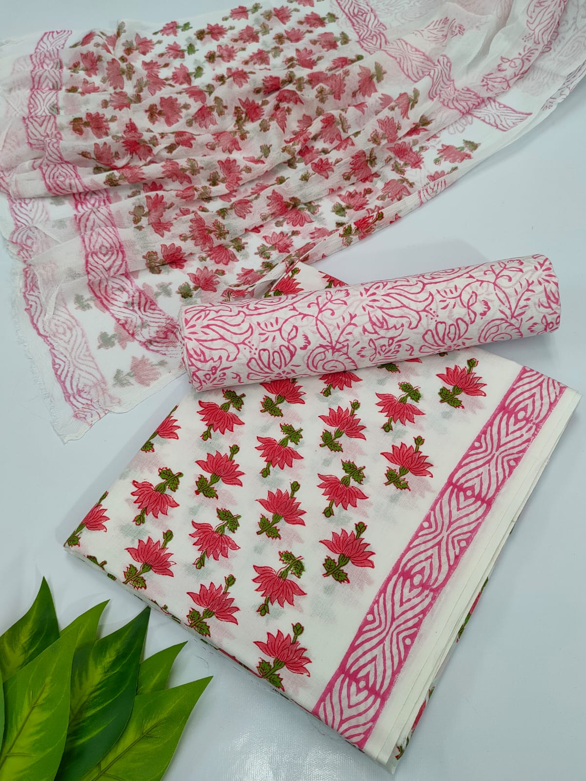 Hand Block Cotton Salwar Suit Set with Chiffon Dupatta - TSPSCFVJ15