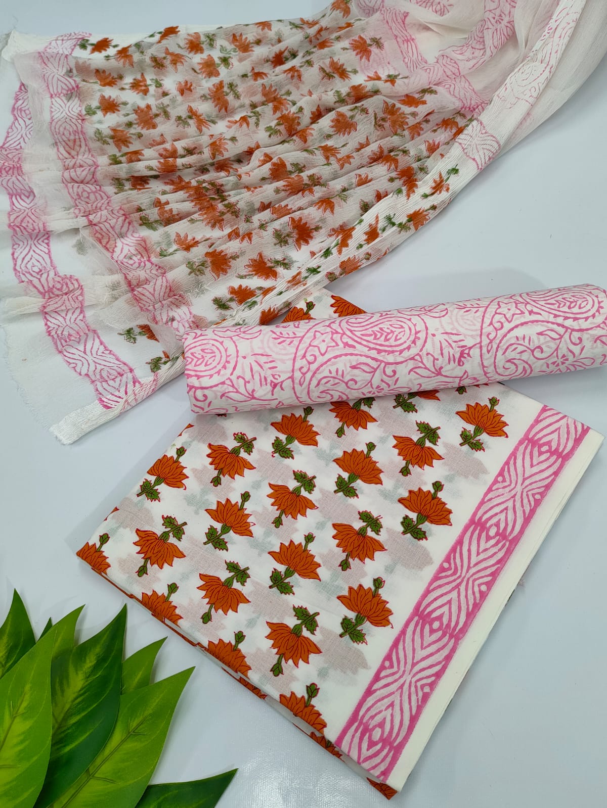 Hand Block Cotton Salwar Suit Set with Chiffon Dupatta - TSPSCFVJ25