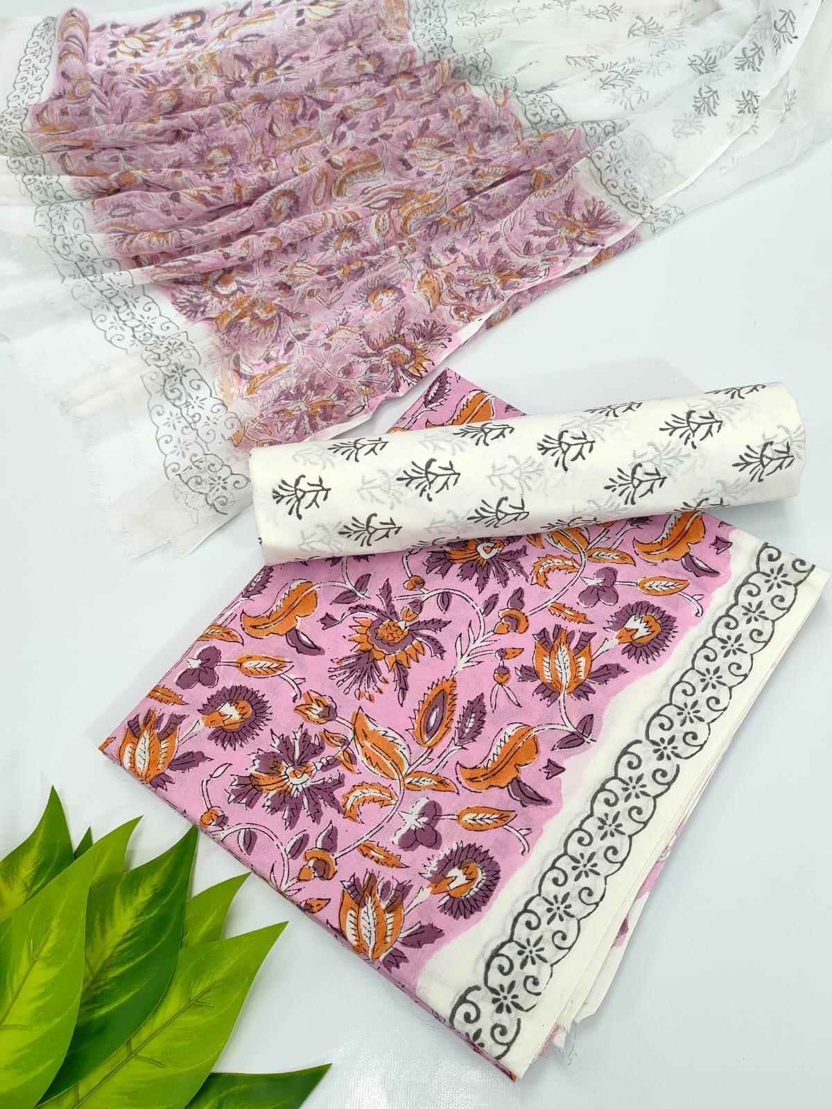 Hand Block Cotton Salwar Suit Set with Chiffon Dupatta - TSPSCFVJ40