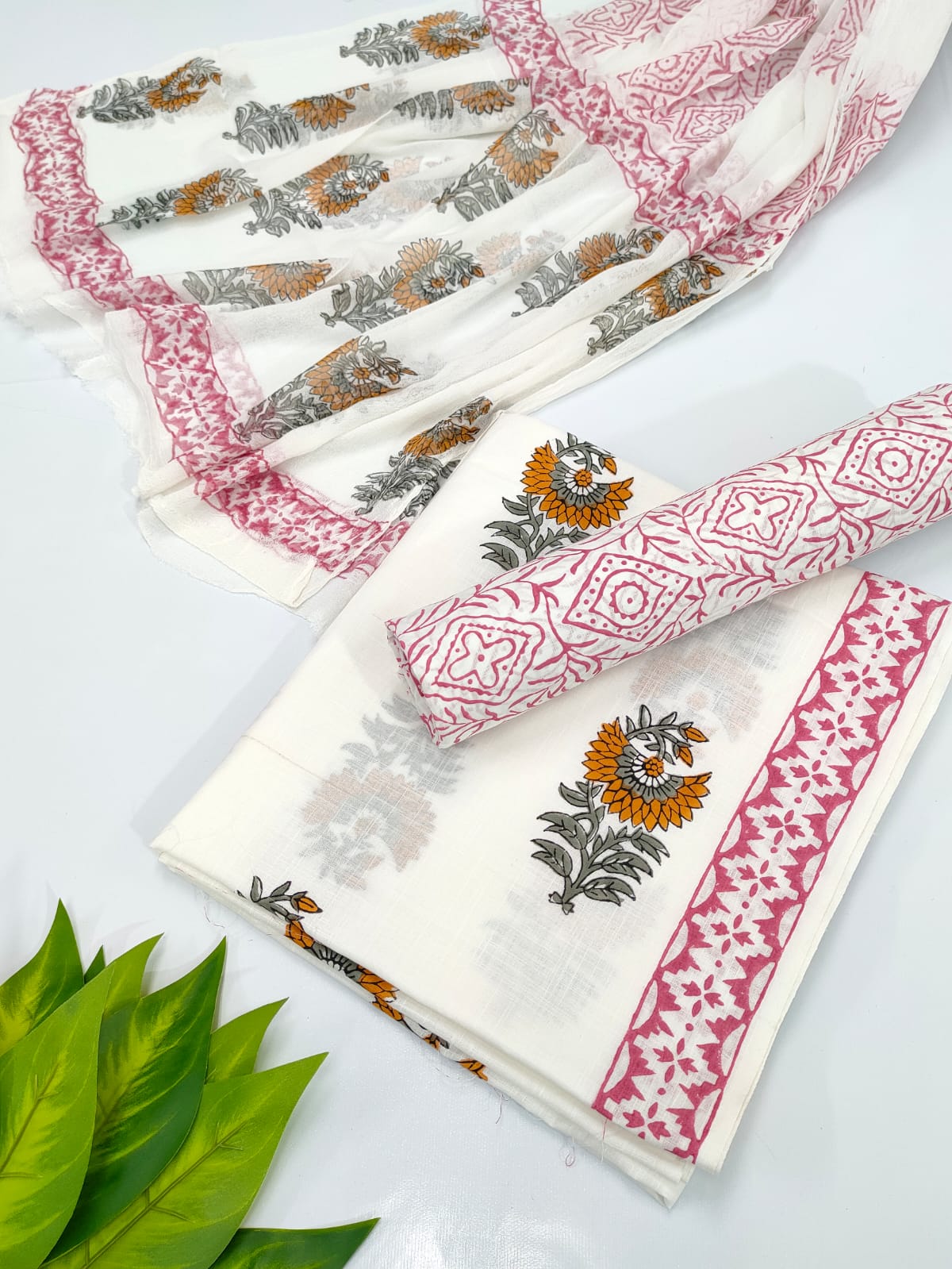 Hand Block Cotton Salwar Suit Set with Chiffon Dupatta - TSPSCFVJ45