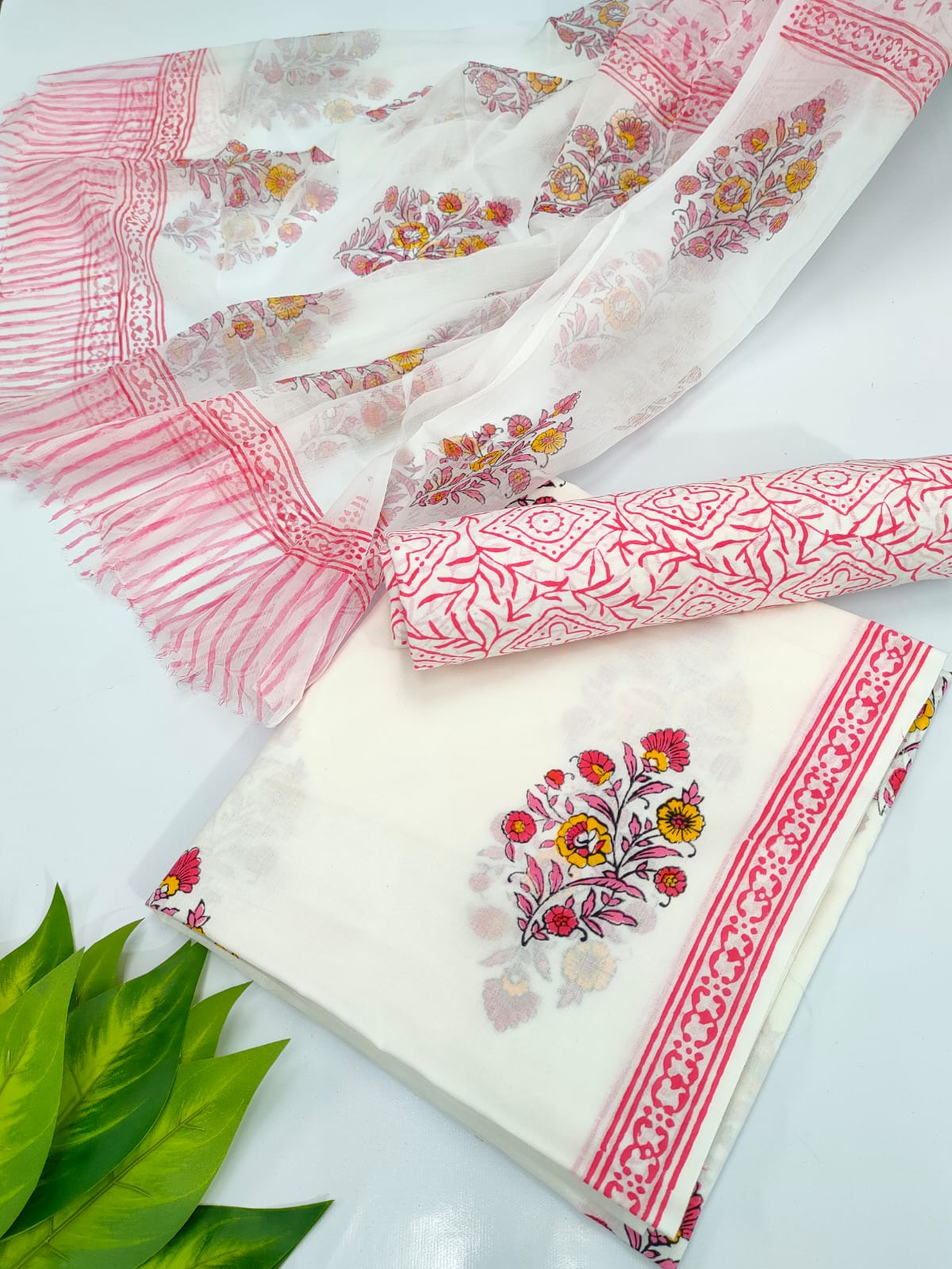 Hand Block Cotton Salwar Suit Set with Chiffon Dupatta - TSPSCFVJ56