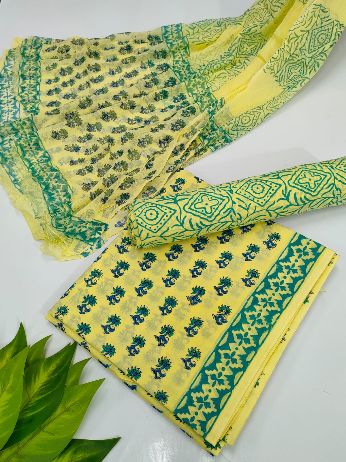Hand Block Cotton Salwar Suit Set with Chiffon Dupatta - TSPSCFVJ57