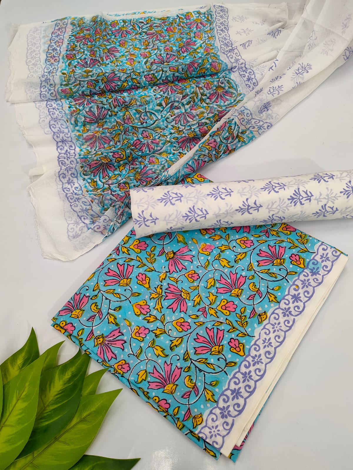 Hand Block Cotton Salwar Suit Set with Chiffon Dupatta - TSPSCFVJ62