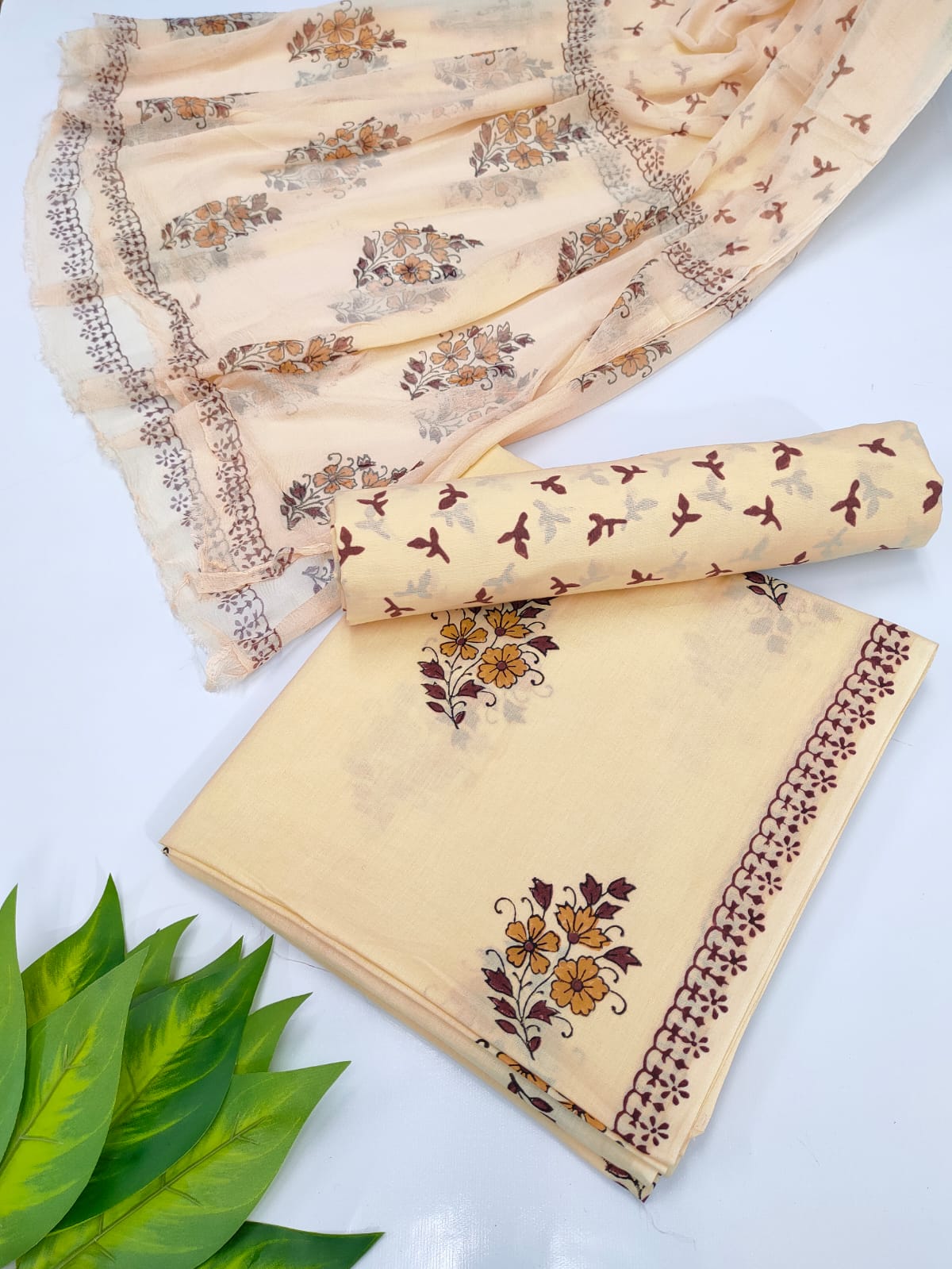 Hand Block Cotton Salwar Suit Set with Chiffon Dupatta - TSPSCFVJ69