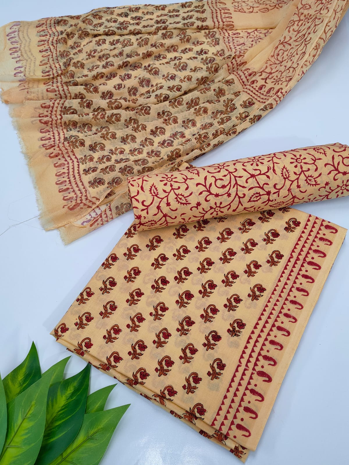 Hand Block Cotton Salwar Suit Set with Chiffon Dupatta - TSPSCFVJ6