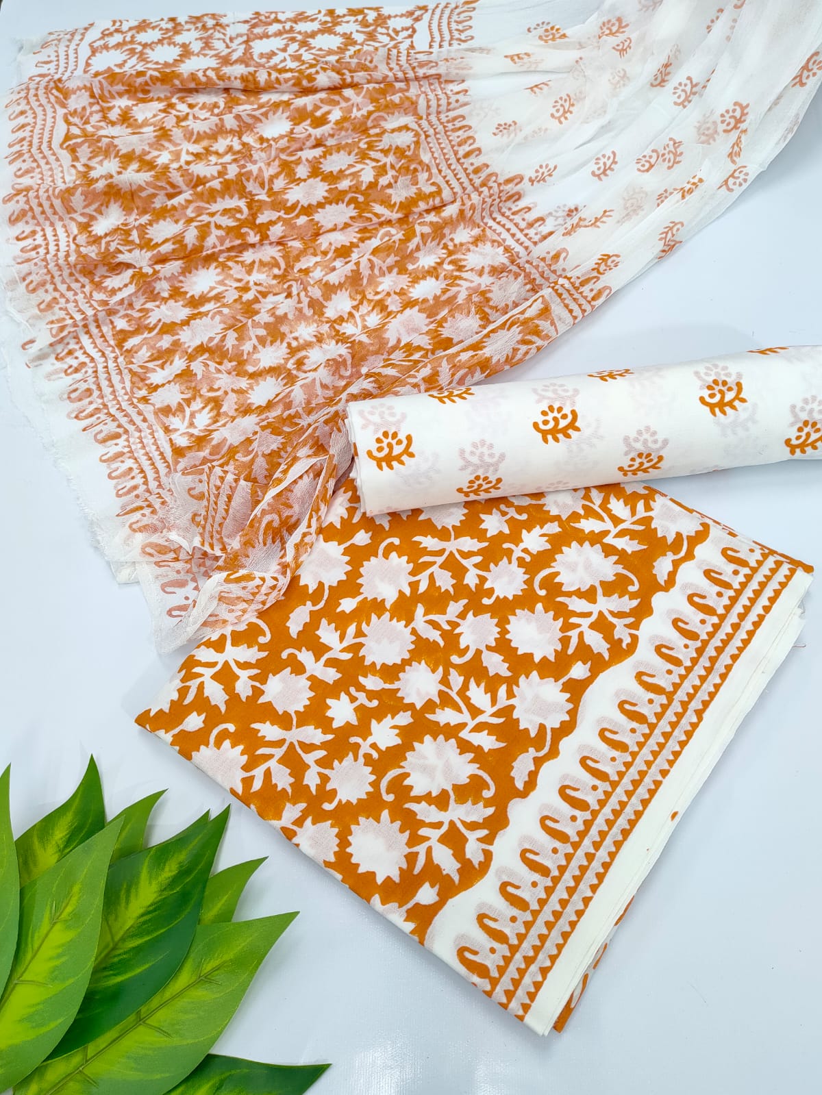 Hand Block Cotton Salwar Suit Set with Chiffon Dupatta - TSPSCFVJ72