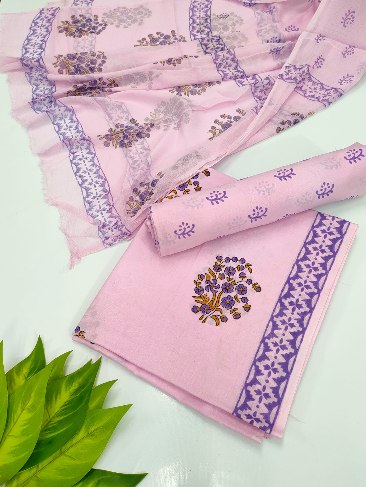 Hand Block Cotton Salwar Suit Set with Chiffon Dupatta - TSPSCFVJ73