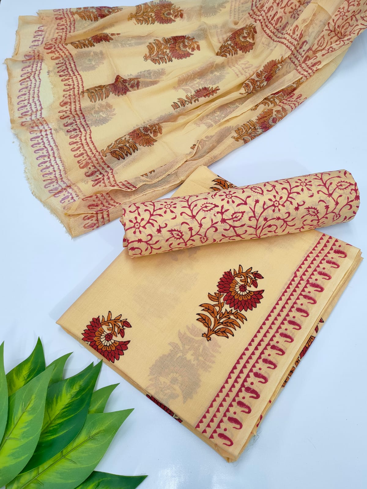 Hand Block Cotton Salwar Suit Set with Chiffon Dupatta - TSPSCFVJ75