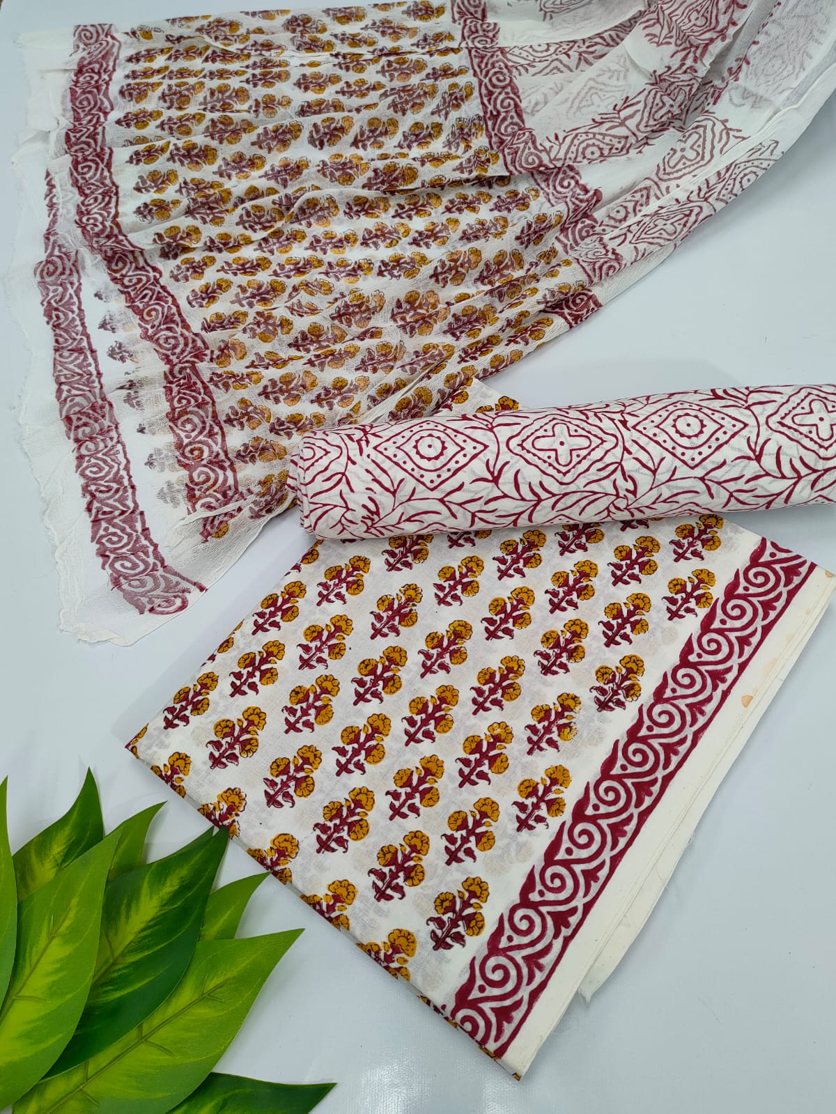 Hand Block Cotton Salwar Suit Set with Chiffon Dupatta - TSPSCFVJ79