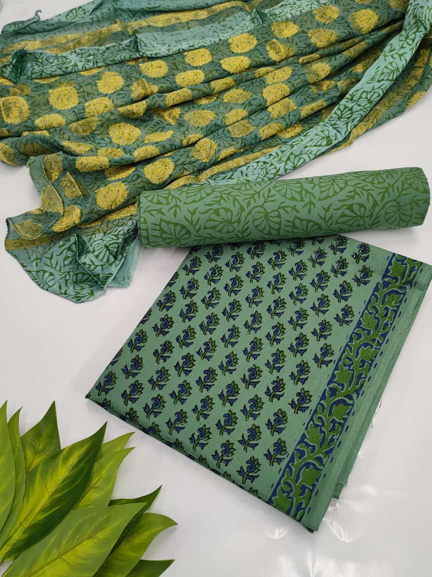 Hand Block Cotton Salwar Suit Set with Chiffon Dupatta - TSPSCFTPA6