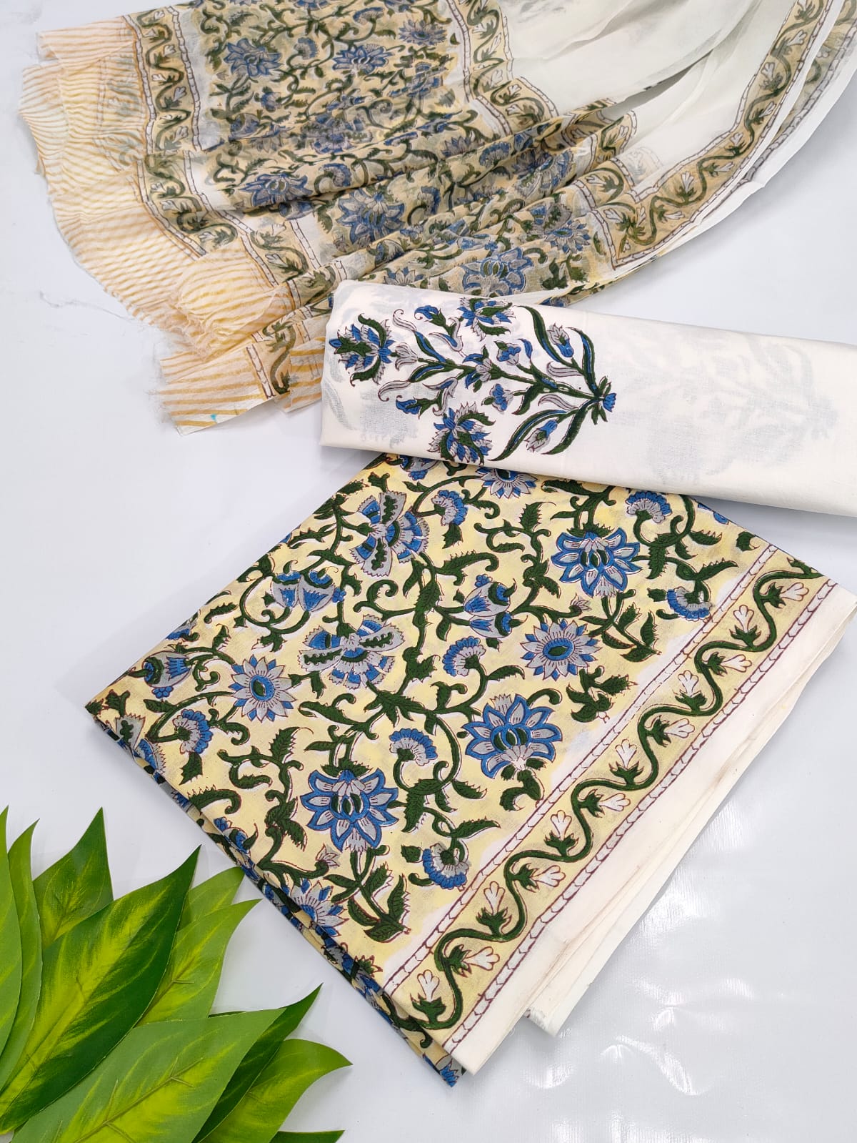 Hand Block Cotton Salwar Suit Set with Chiffon Dupatta - TSPSCHVV31
