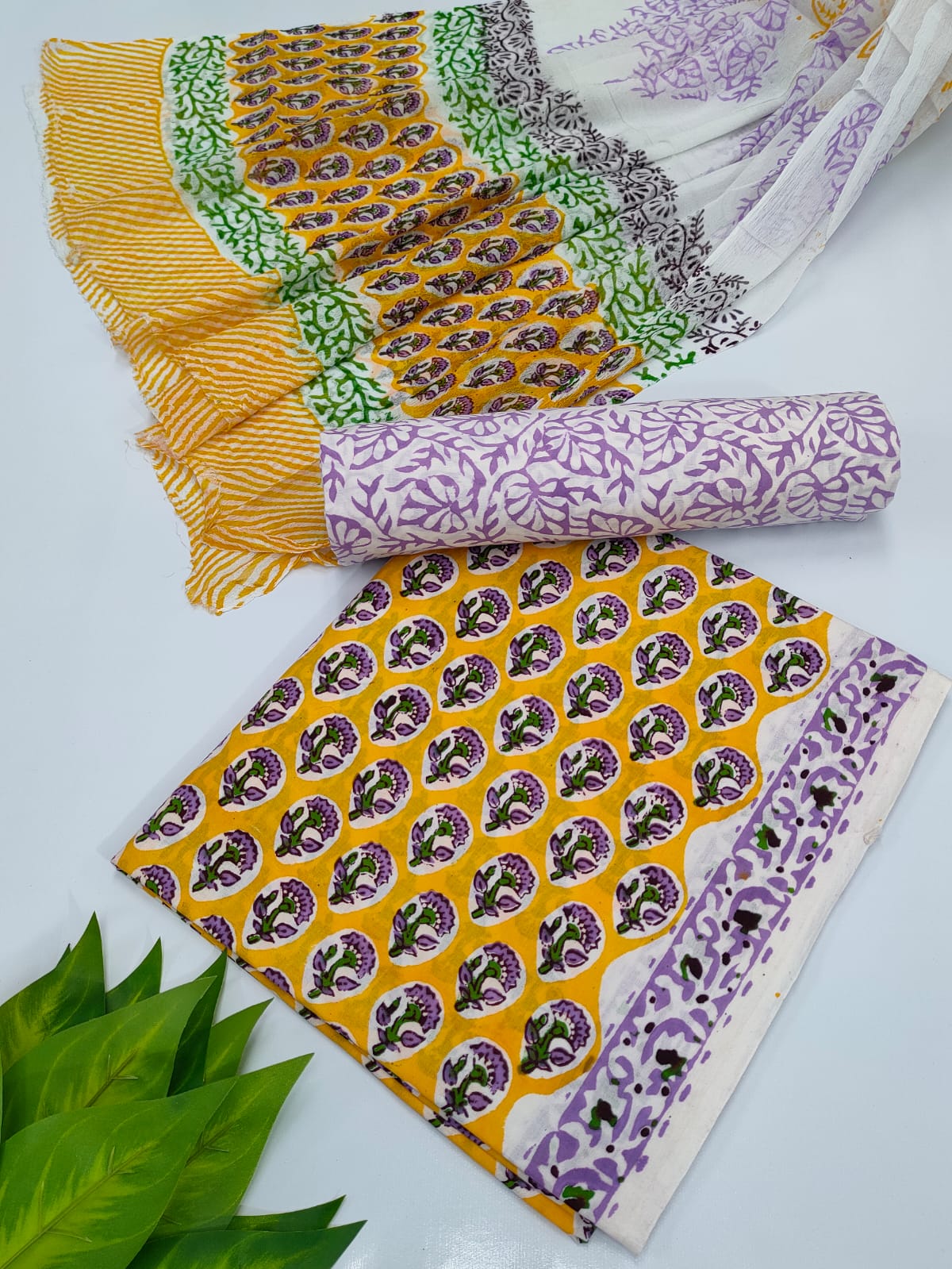 Hand Block Cotton Salwar Suit Set with Chiffon Dupatta - TSPSCFTP17