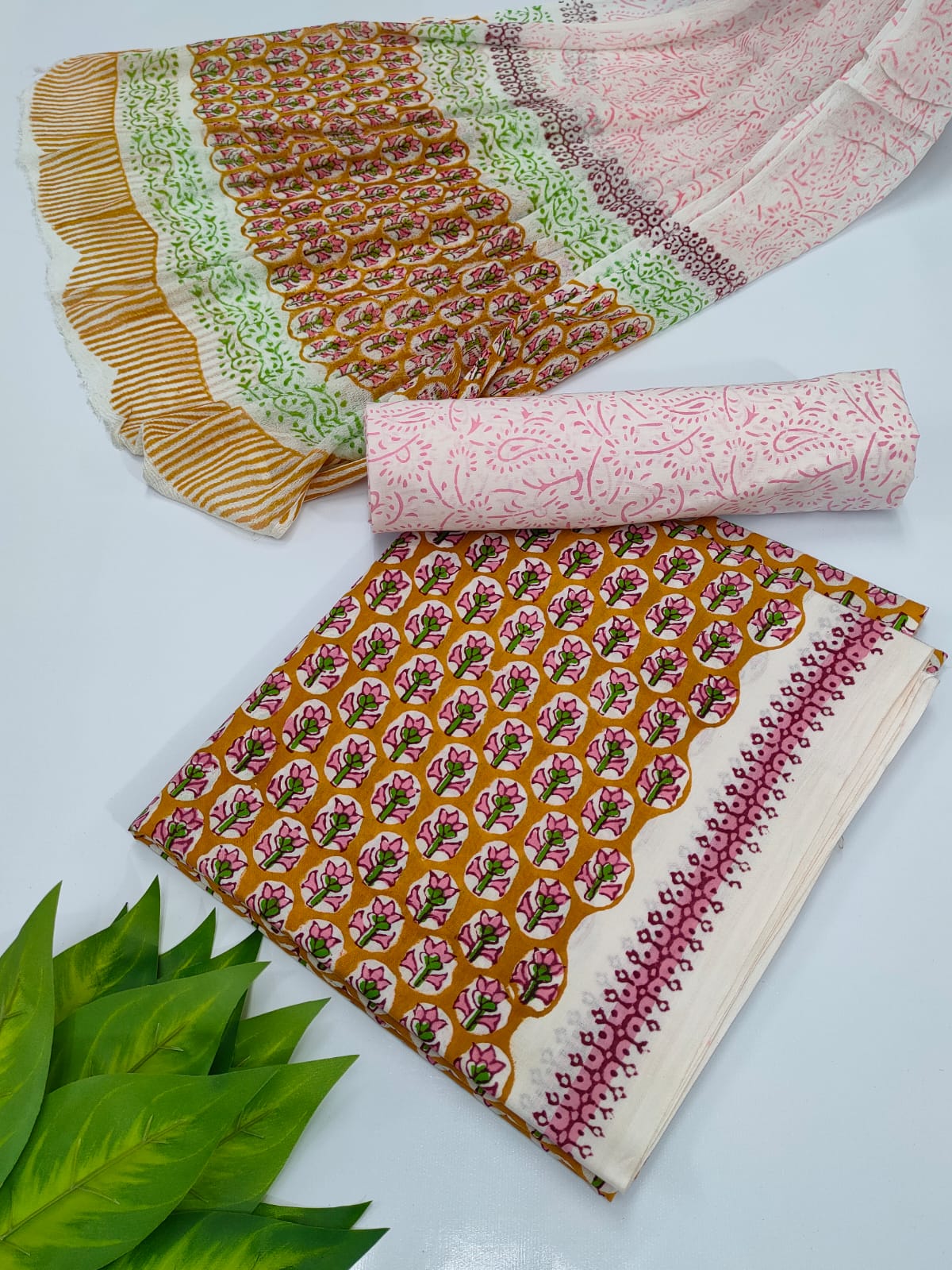 Hand Block Cotton Salwar Suit Set with Chiffon Dupatta - TSPSCFTP21