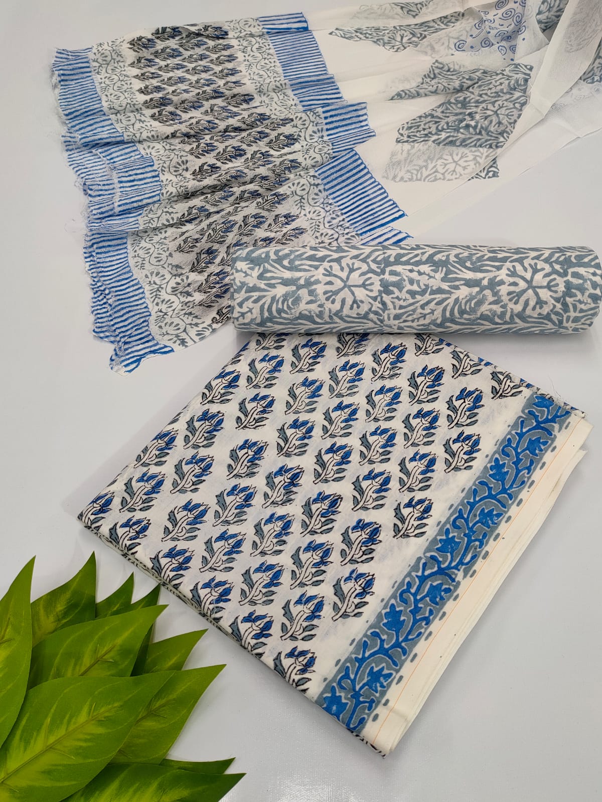 Hand Block Cotton Salwar Suit Set with Chiffon Dupatta - TSPSCFTP22