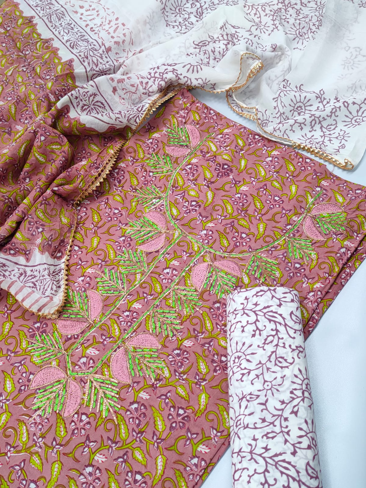 Cotton Gota Patti Neck Work Block Printed Suit Set with Cotton Dupatta - TSPSGPMVJ15