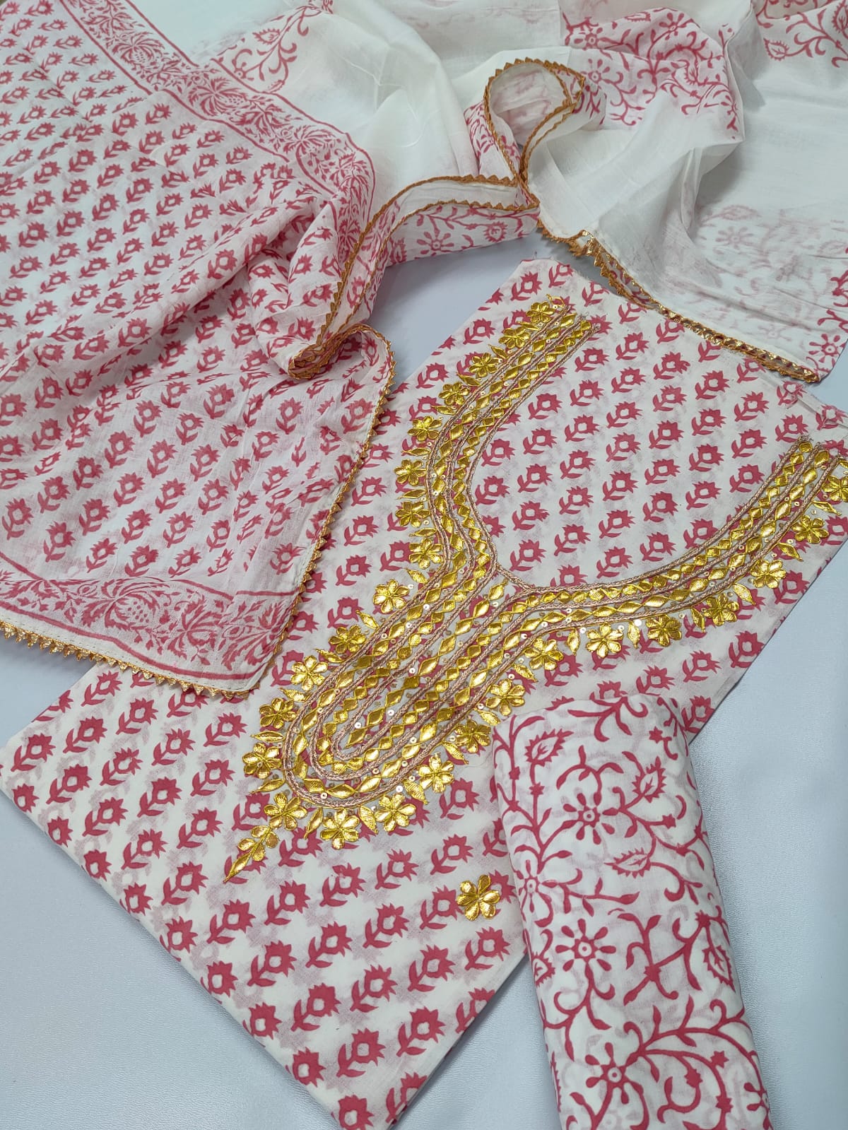 Cotton Gota Patti Neck Work Block Printed Suit Set with Cotton Dupatta - TSPSGPMVJ18