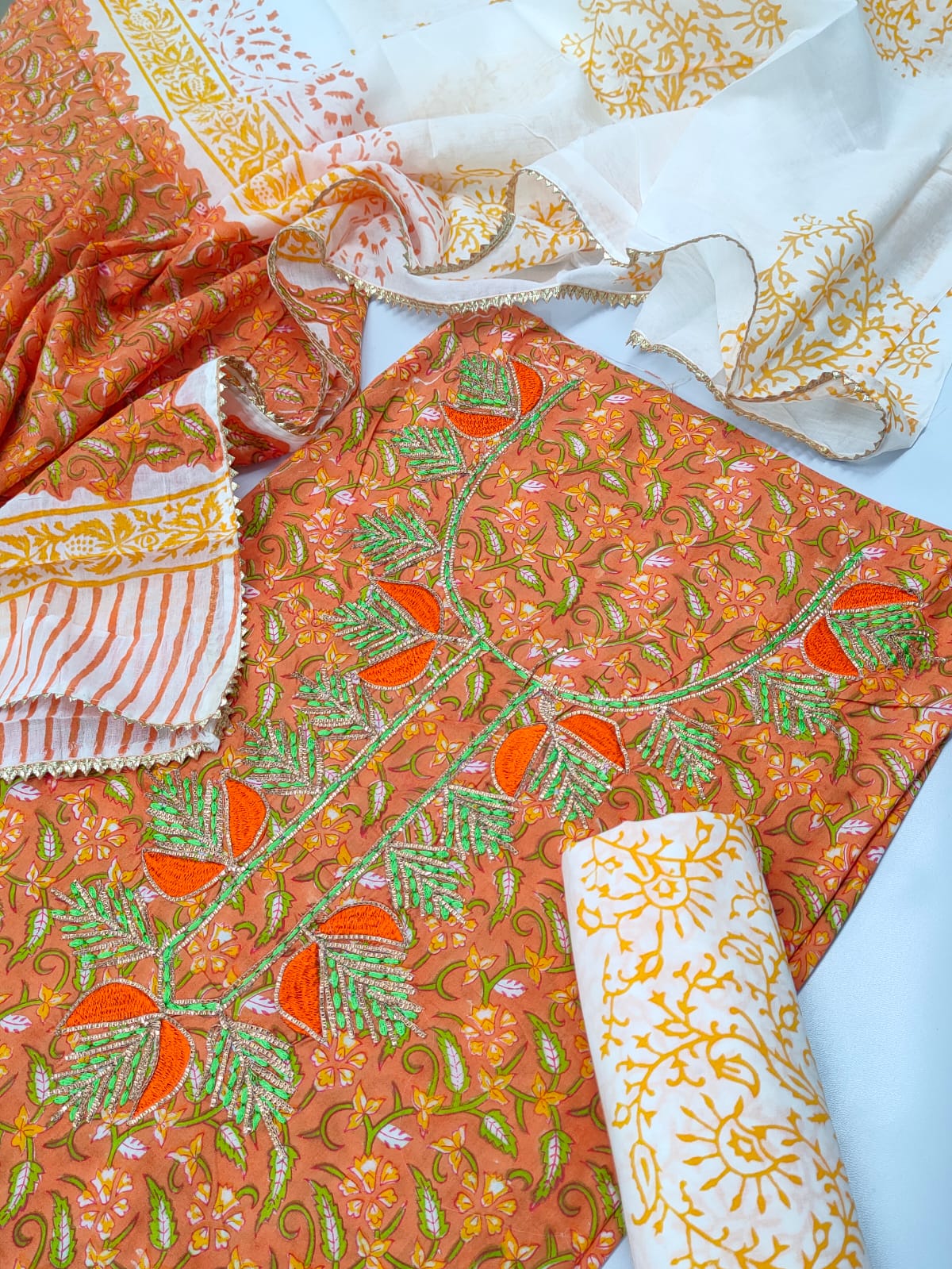Cotton Gota Patti Neck Work Block Printed Suit Set with Cotton Dupatta - TSPSGPMVJ20