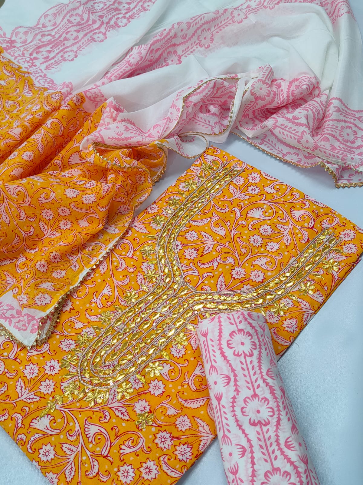 Cotton Gota Patti Neck Work Block Printed Suit Set with Cotton Dupatta - TSPSGPMVJ22