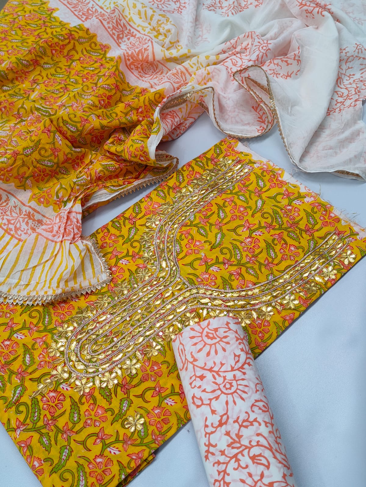Cotton Gota Patti Neck Work Block Printed Suit Set with Cotton Dupatta - TSPSGPMVJ24