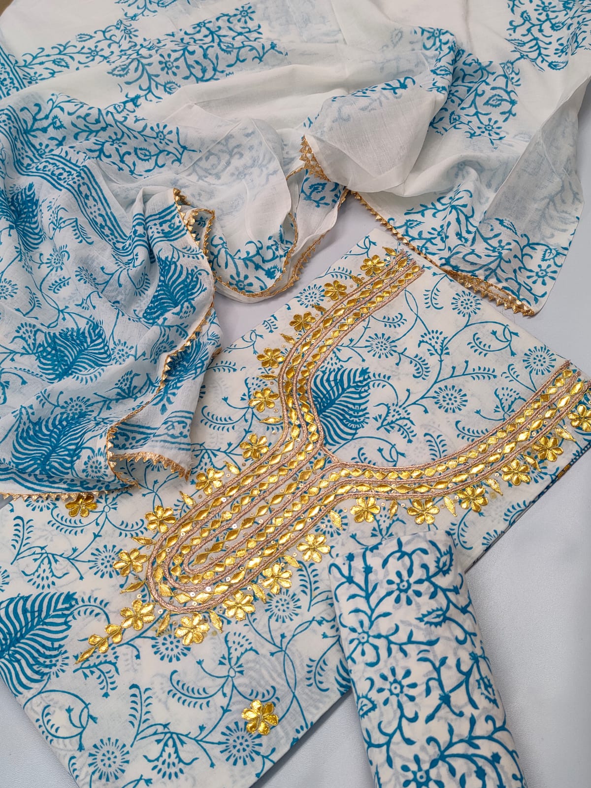 Cotton Gota Patti Neck Work Block Printed Suit Set with Cotton Dupatta - TSPSGPMVJ27