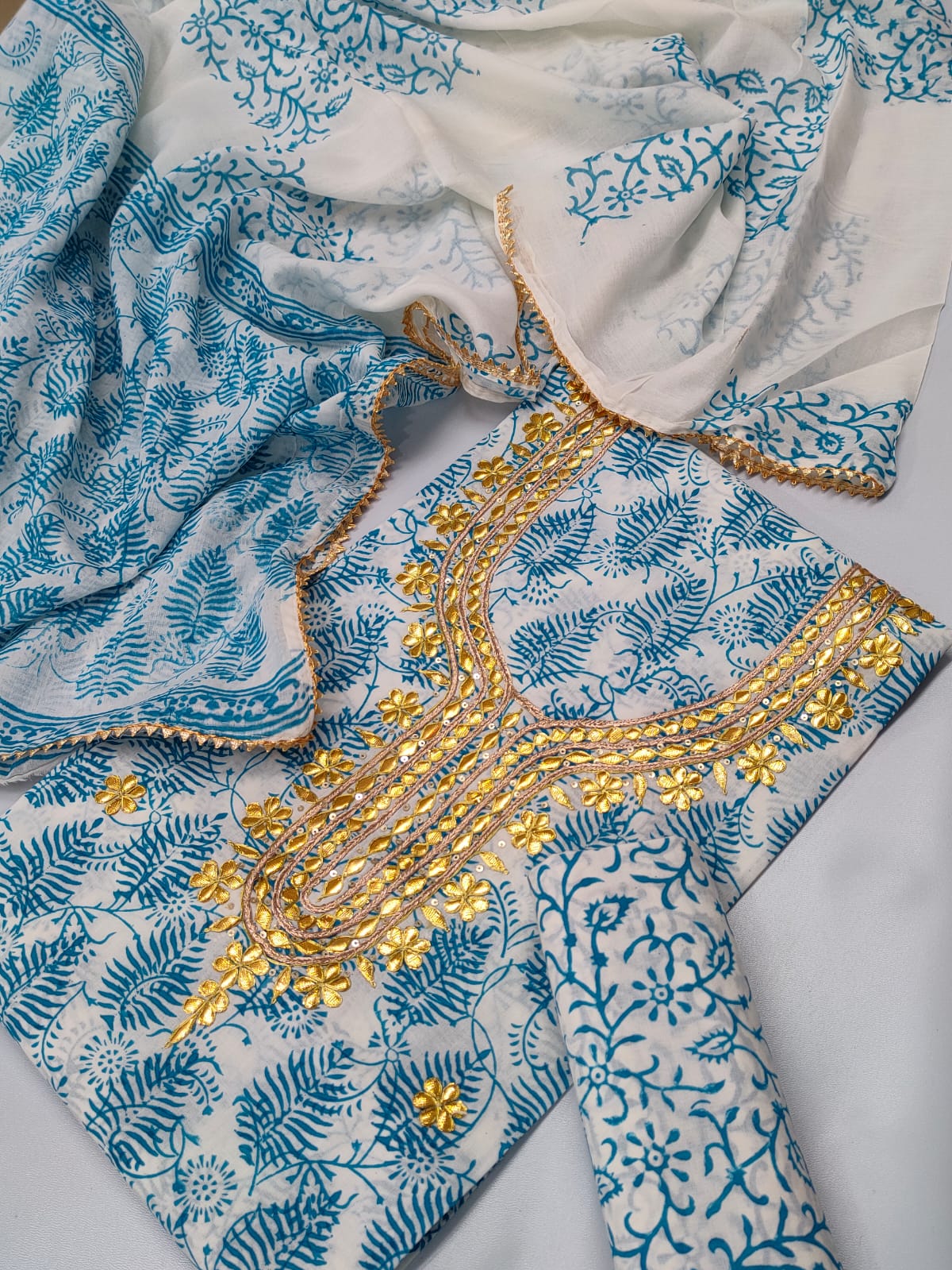 Cotton Gota Patti Neck Work Block Printed Suit Set with Cotton Dupatta - TSPSGPMVJ28