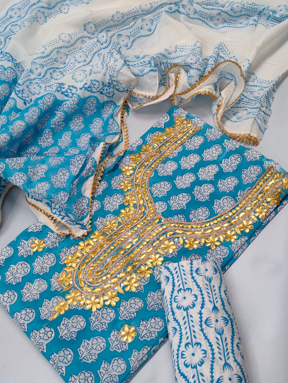 Cotton Gota Patti Neck Work Block Printed Suit Set with Cotton Dupatta - TSPSGPMVJ30