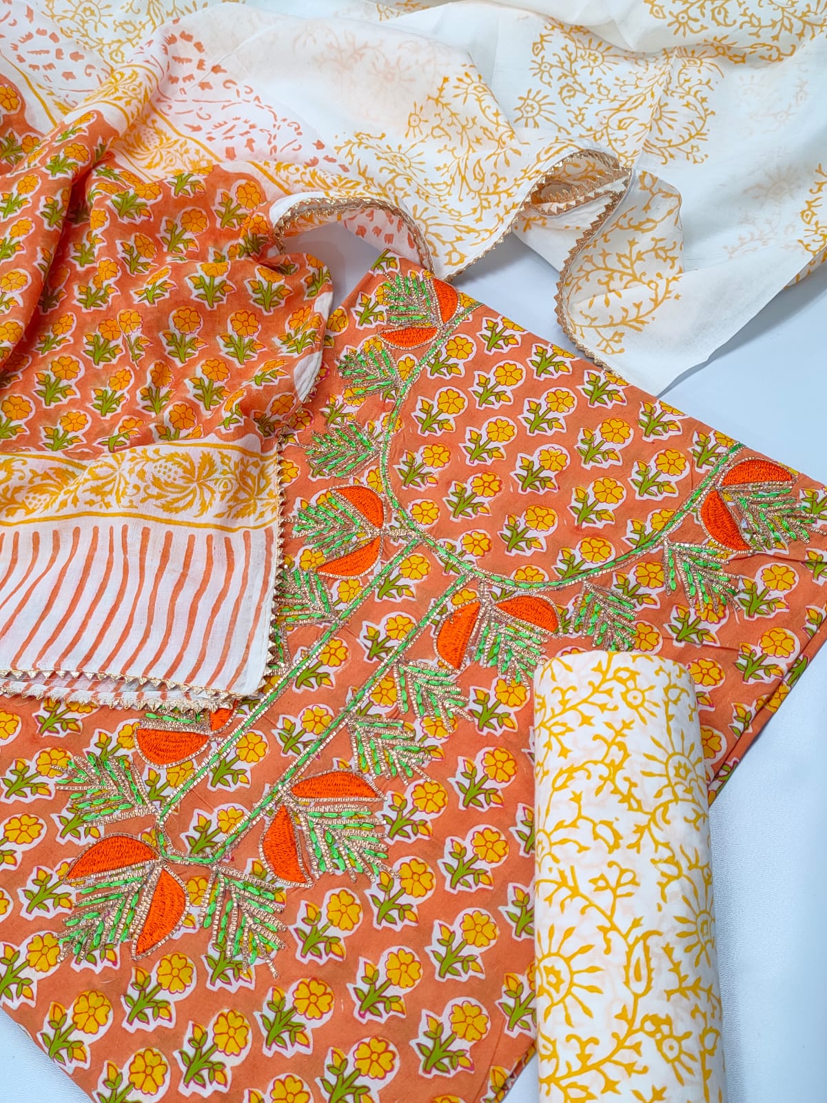 Cotton Gota Patti Neck Work Block Printed Suit Set with Cotton Dupatta - TSPSGPMVJ31