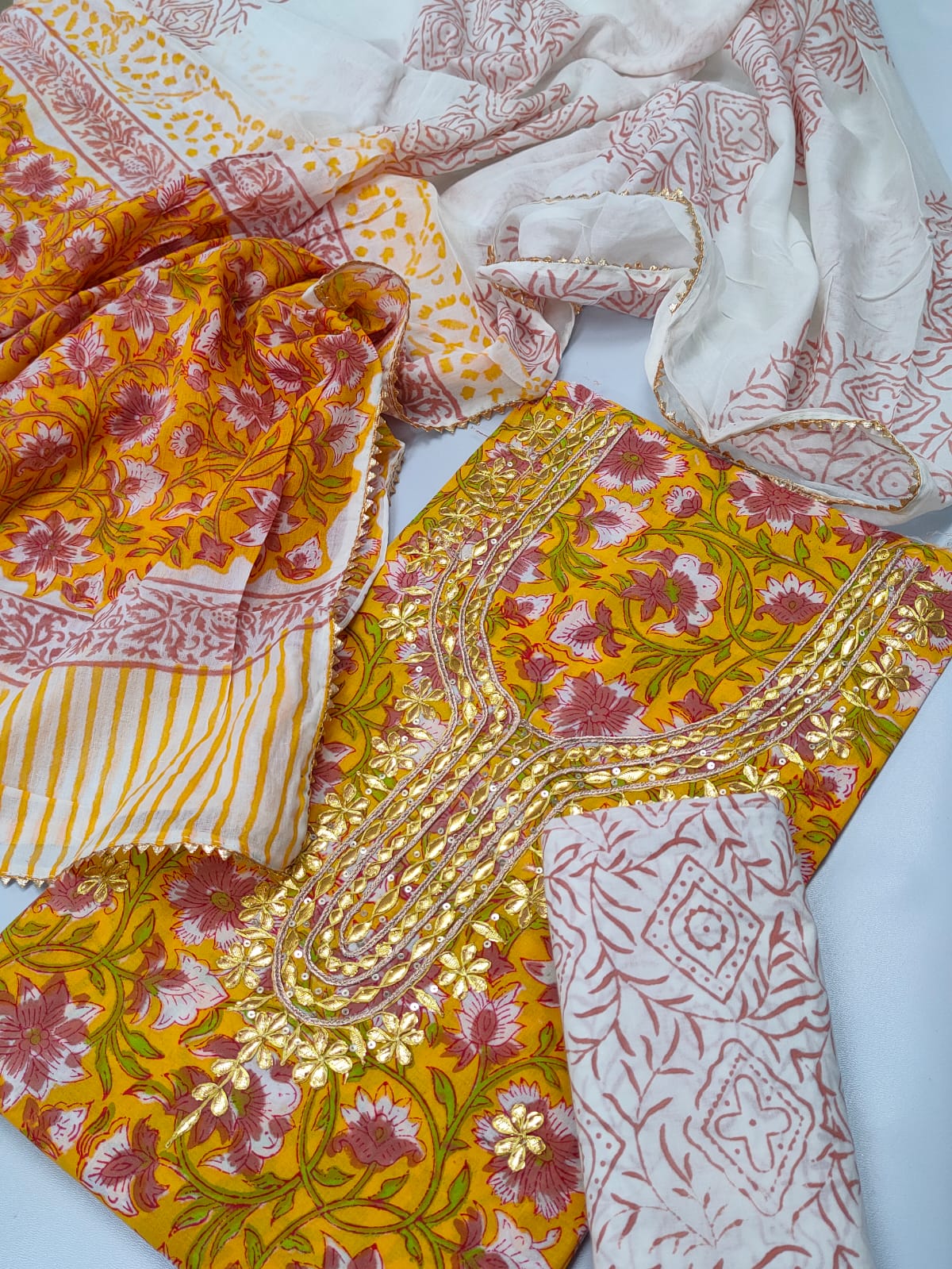 Cotton Gota Patti Neck Work Block Printed Suit Set with Cotton Dupatta - TSPSGPMVJ36
