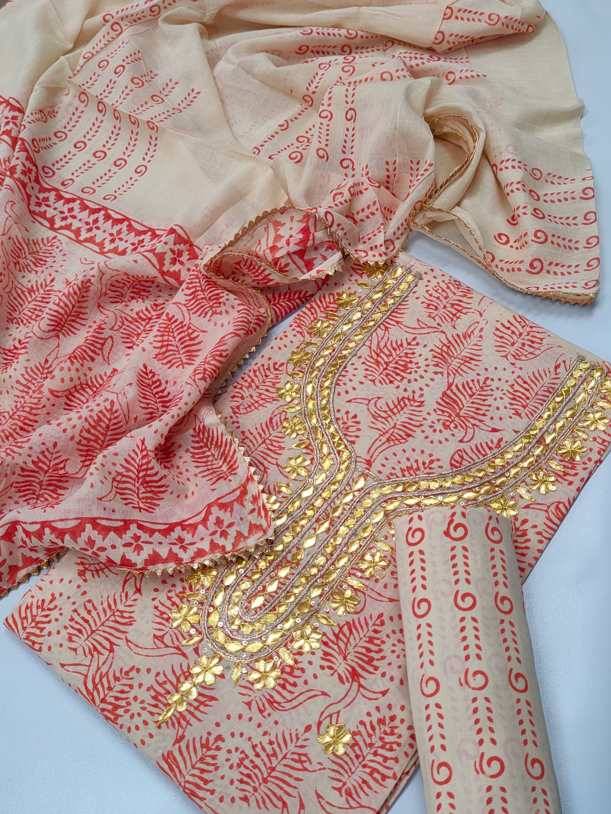 Cotton Gota Patti Neck Work Block Printed Suit Set with Cotton Dupatta - TSPSGPMVJ37