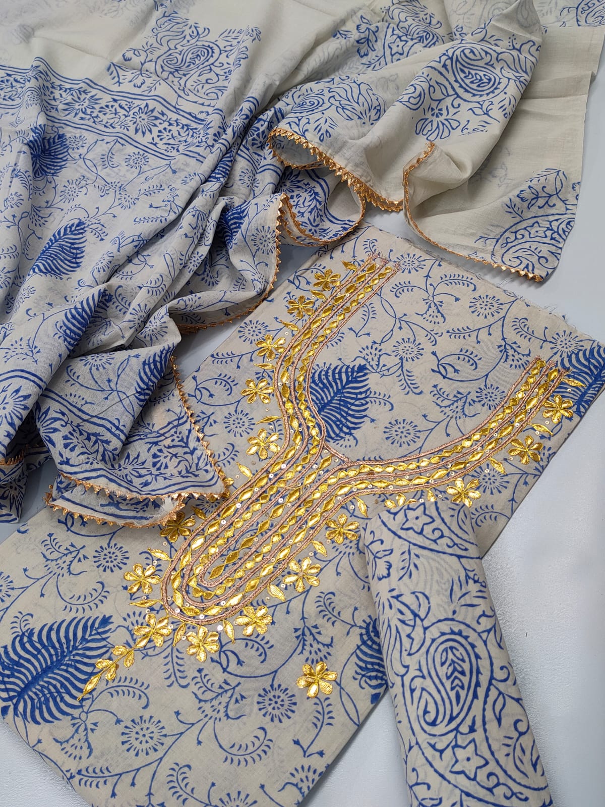Cotton Gota Patti Neck Work Block Printed Suit Set with Cotton Dupatta - TSPSGPMVJ38
