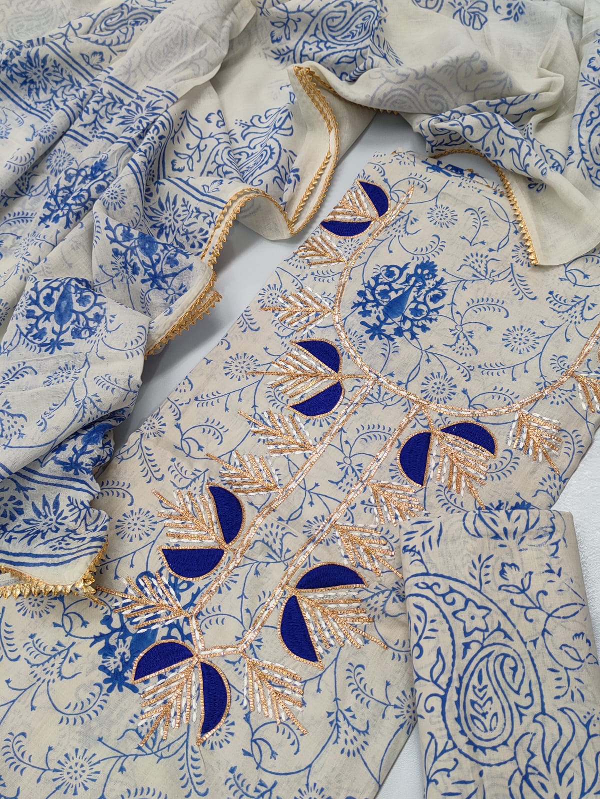 Cotton Gota Patti Neck Work Block Printed Suit Set with Cotton Dupatta - TSPSGPMVJ3