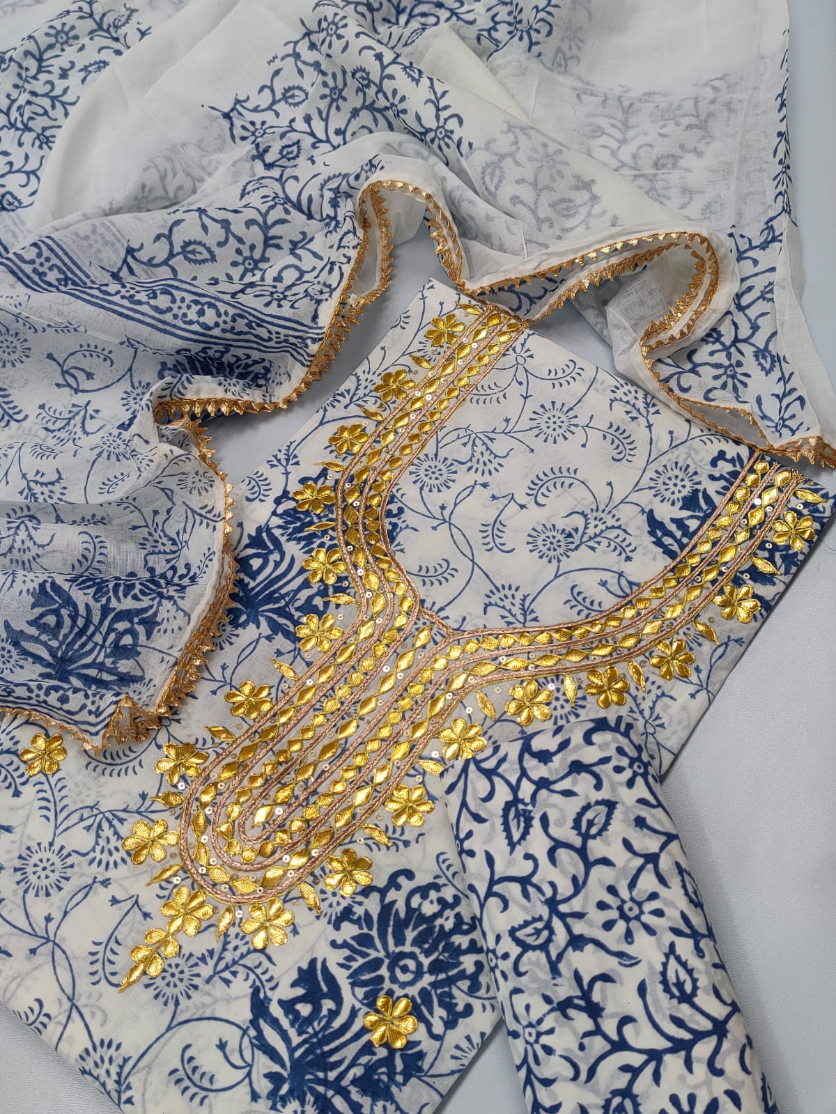 Cotton Gota Patti Neck Work Block Printed Suit Set with Cotton Dupatta - TSPSGPMVJ4