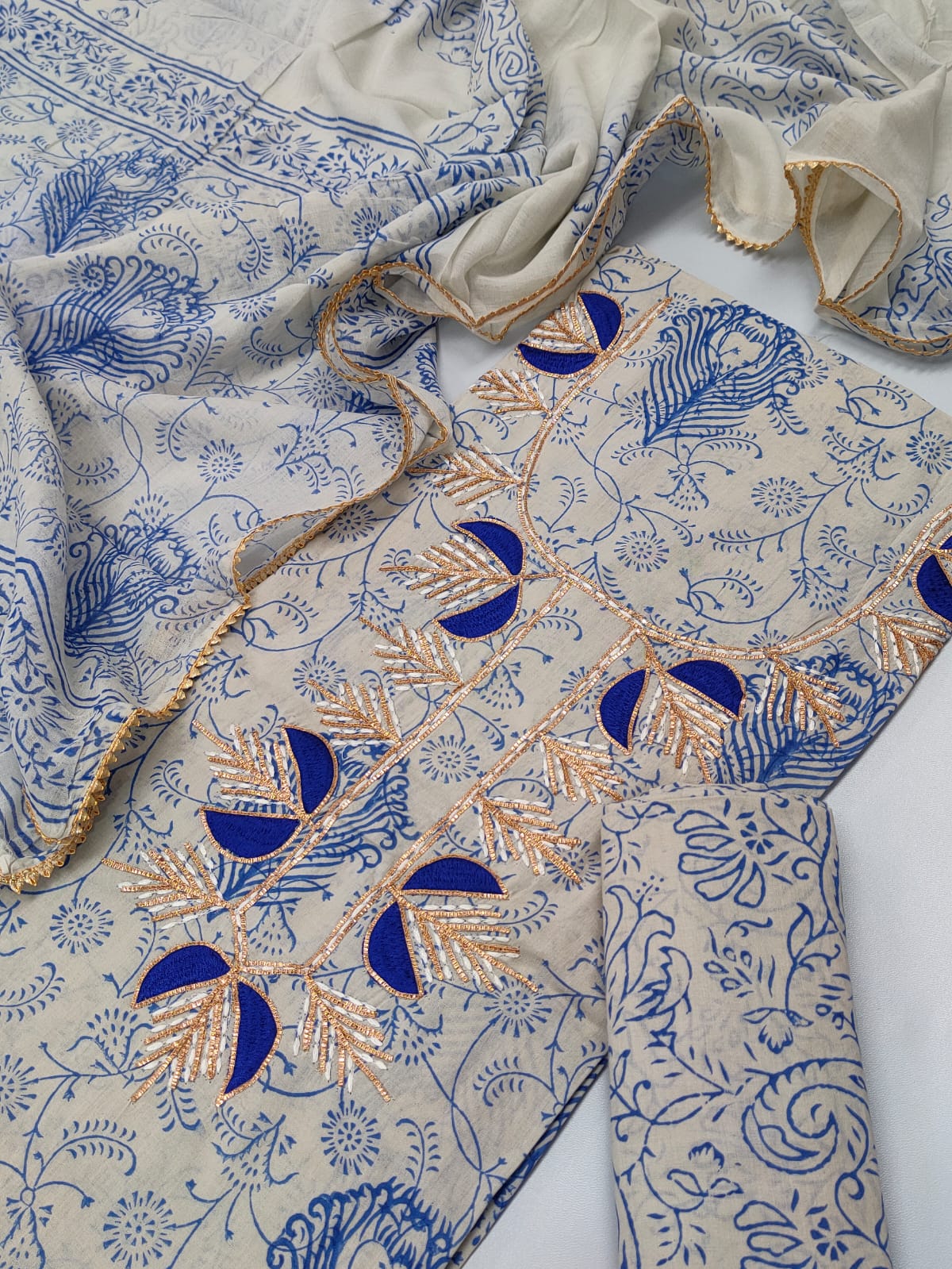 Cotton Gota Patti Neck Work Block Printed Suit Set with Cotton Dupatta - TSPSGPMVJ9