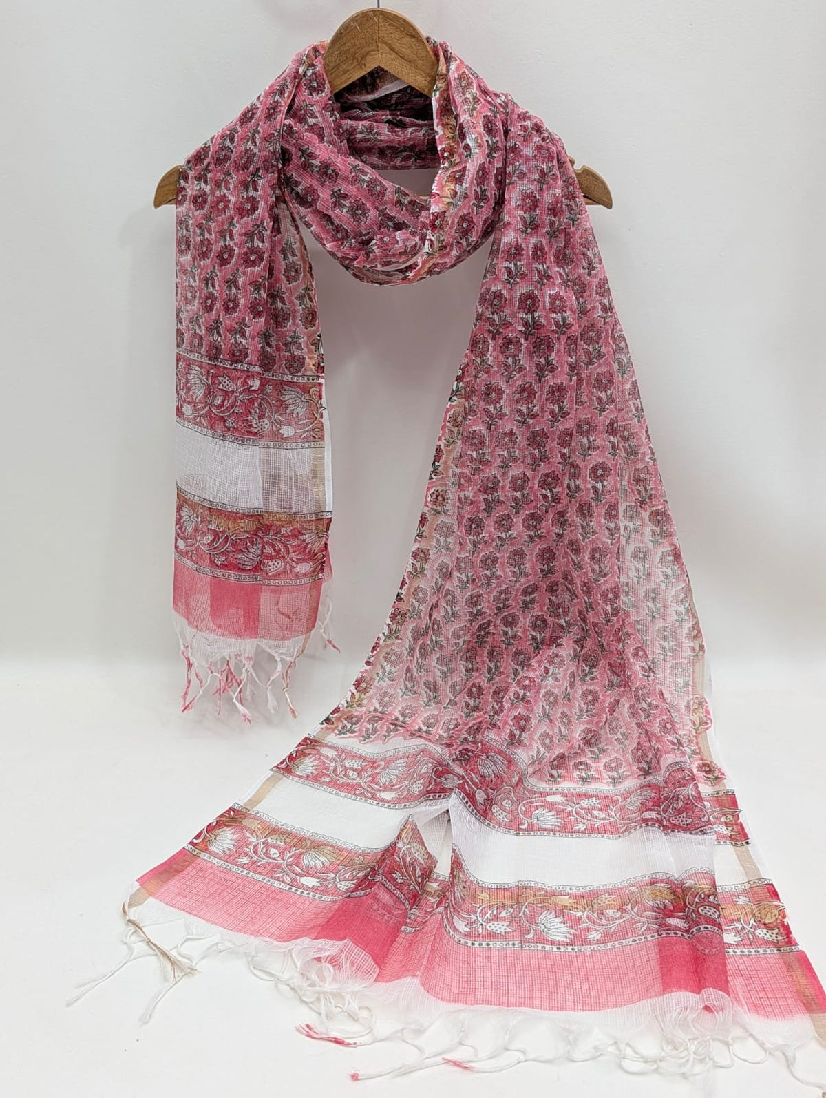 Coral Floral Block Print Kota Doriya Dupatta