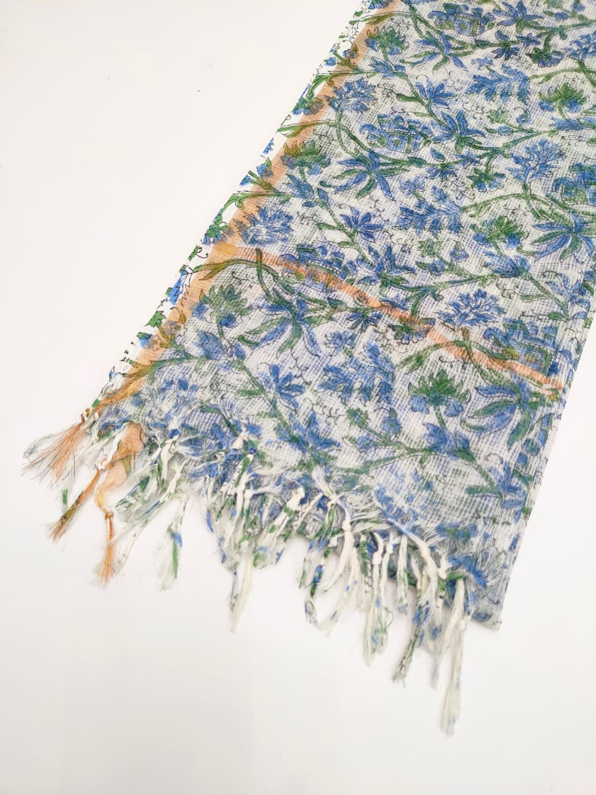White & Blue Floral Jaal Hand Block Print Kota Doriya Dupatta Fabric & Border Detail