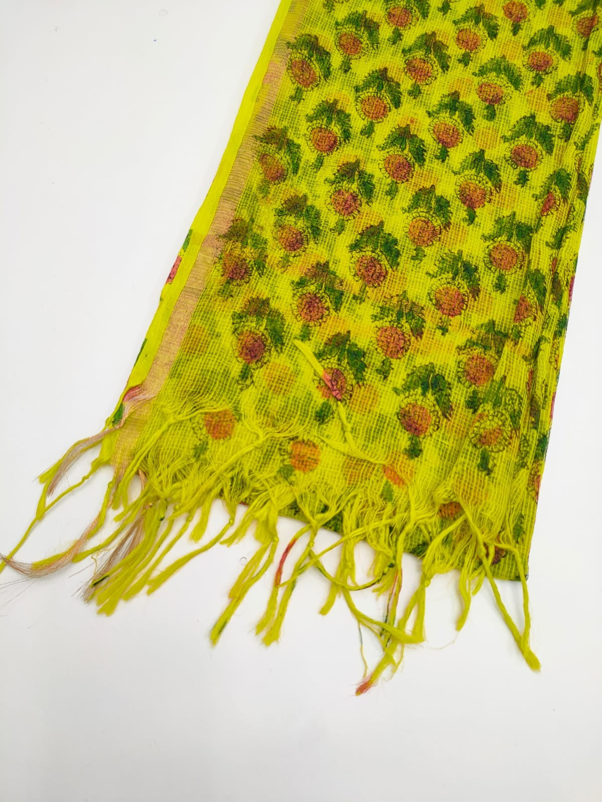 Lime Green & Pink Floral Booti Hand Block Print Kota Doriya Dupatta Fabric & Border Detail