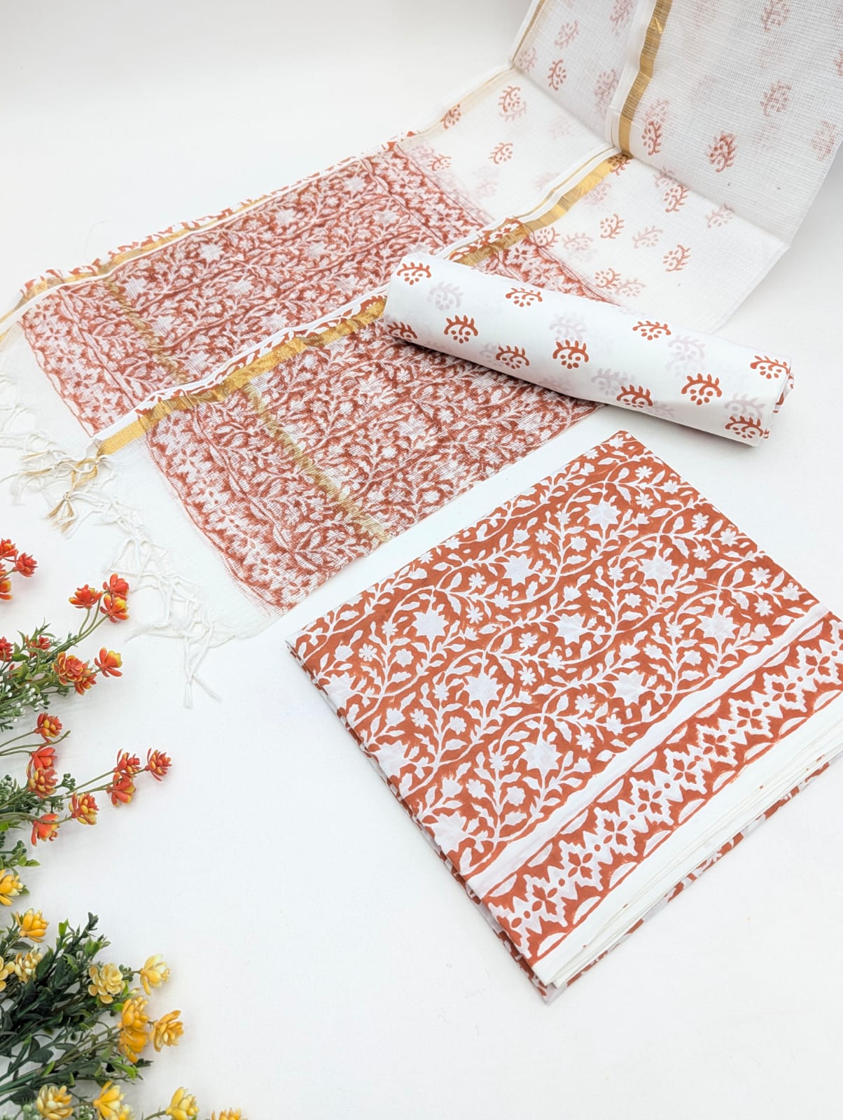 Hand Block Cotton Salwar Suit Set with Kota Doriya Dupatta
