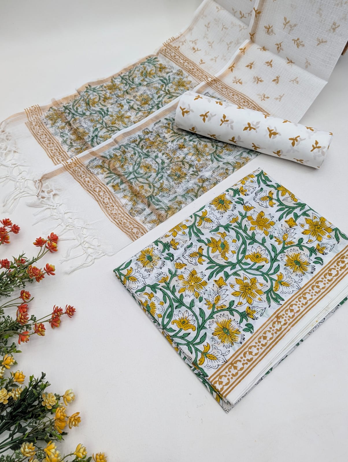 Hand Block Cotton Salwar Suit Set with Kota Doriya Dupatta