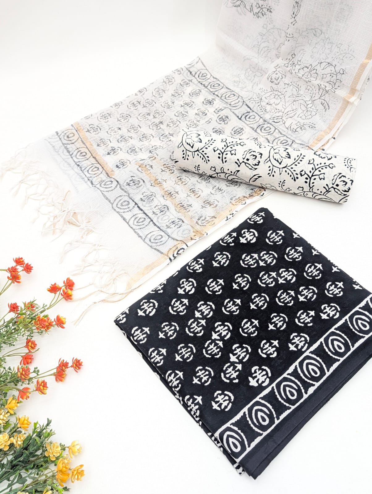 Hand Block Cotton Salwar Suit Set with Kota Doriya Dupatta