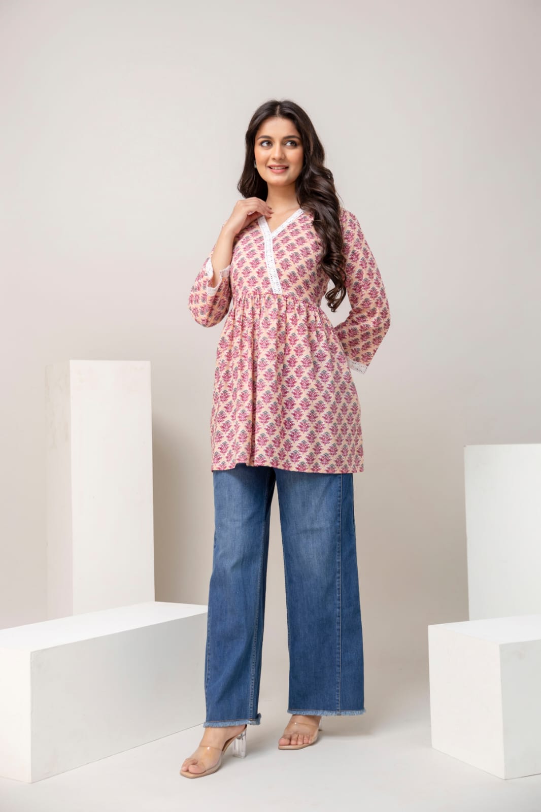 Beige Pink Floral Cotton Short Kurti – V Neck Lace Detail