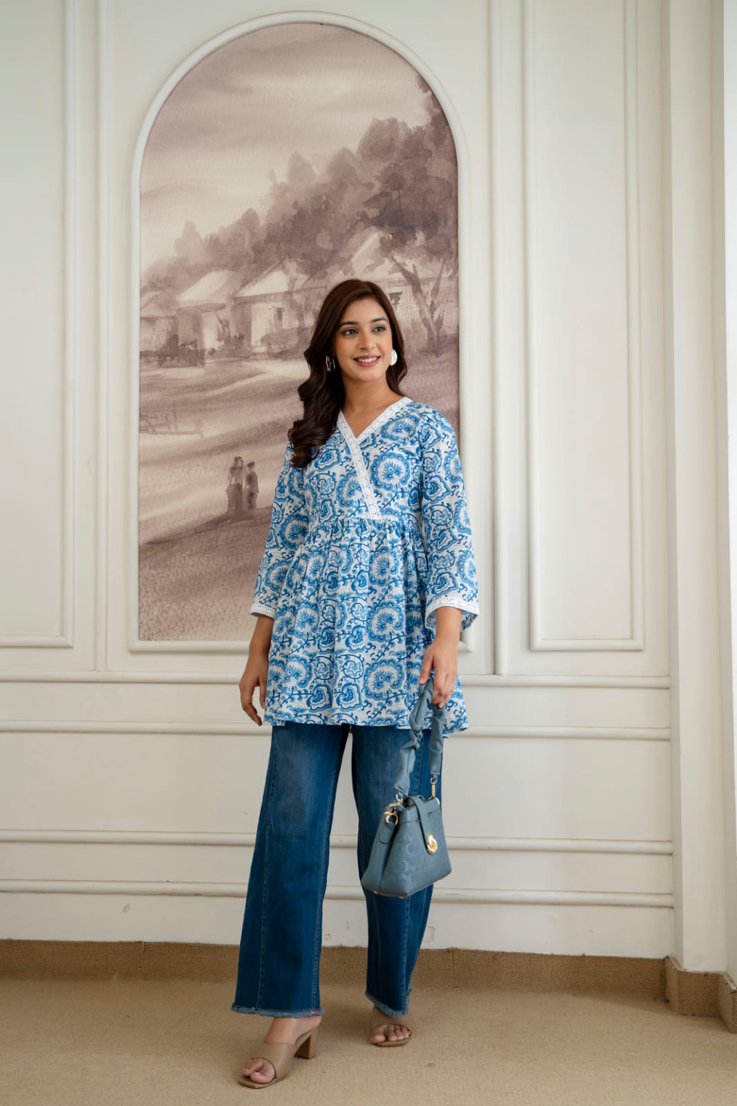 Paisley Cotton Short Kurti – V Neck Lace Detail - Blue White