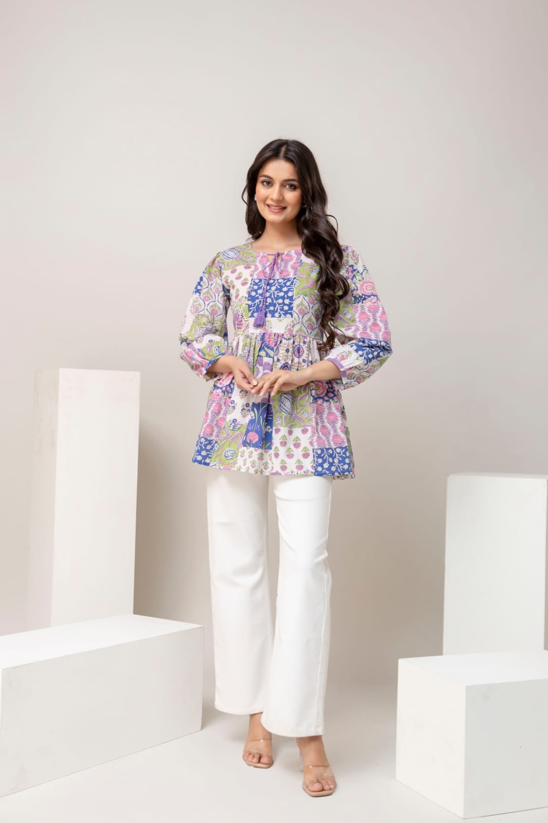 Patchwork Floral Cotton Short Kurti – Tie-Up Neck Detail - Multicolor