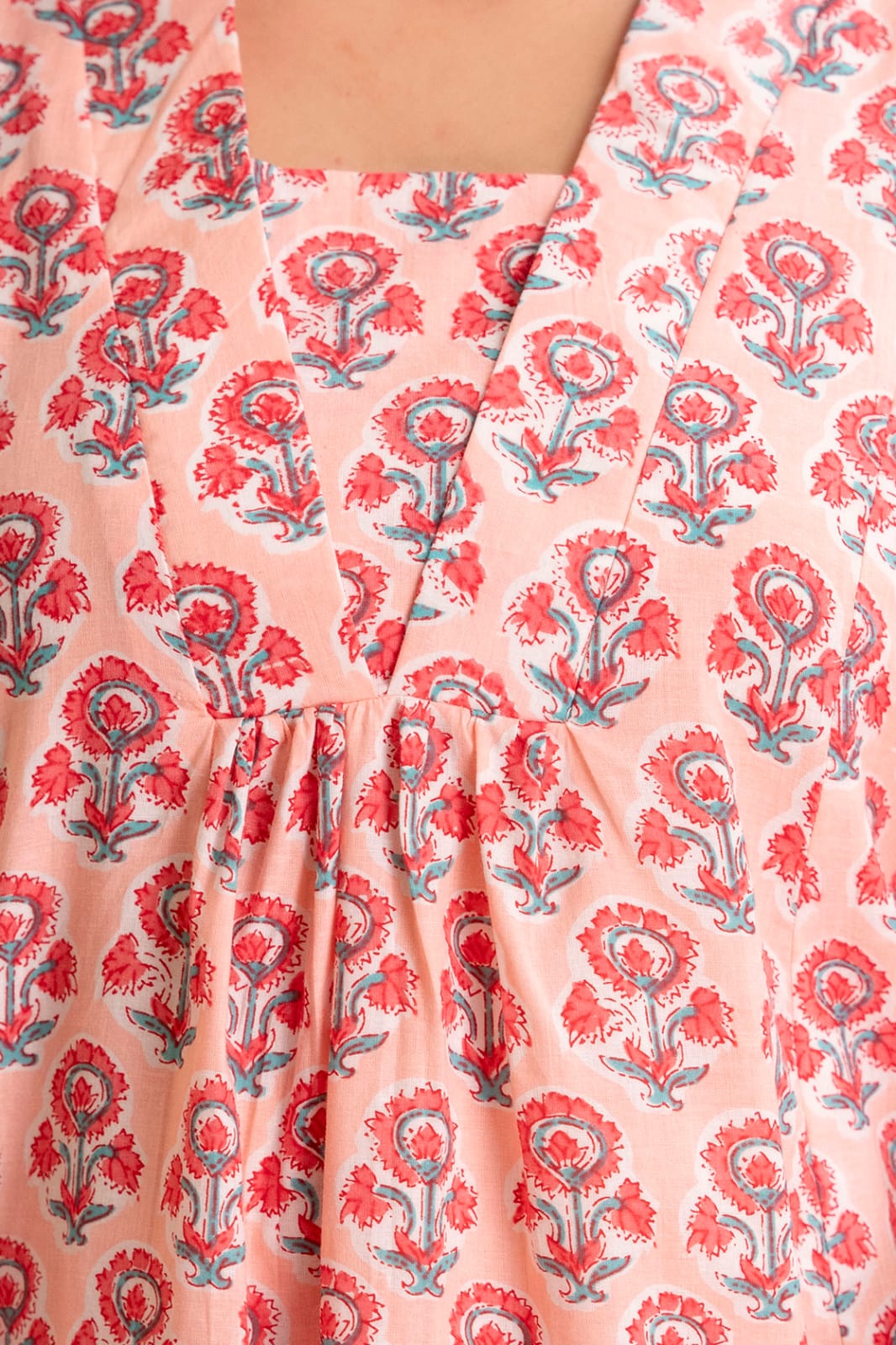 Peach Floral Buti Cotton Short Kurti for Women