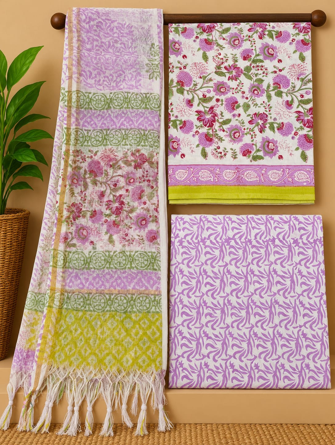 Purple Floral Cotton Suit Set with Kota Doria Dupatta