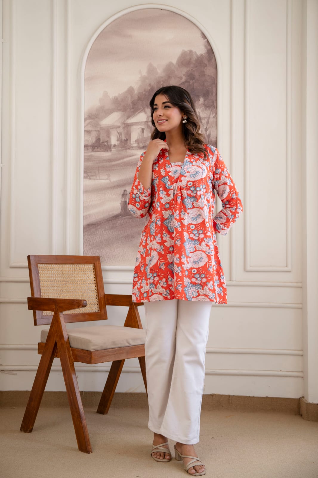 Coral Red Floral Cotton Short Kurti for Women