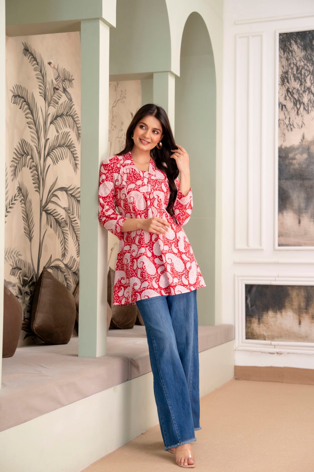 Red Paisley Cotton Short Kurti for Women