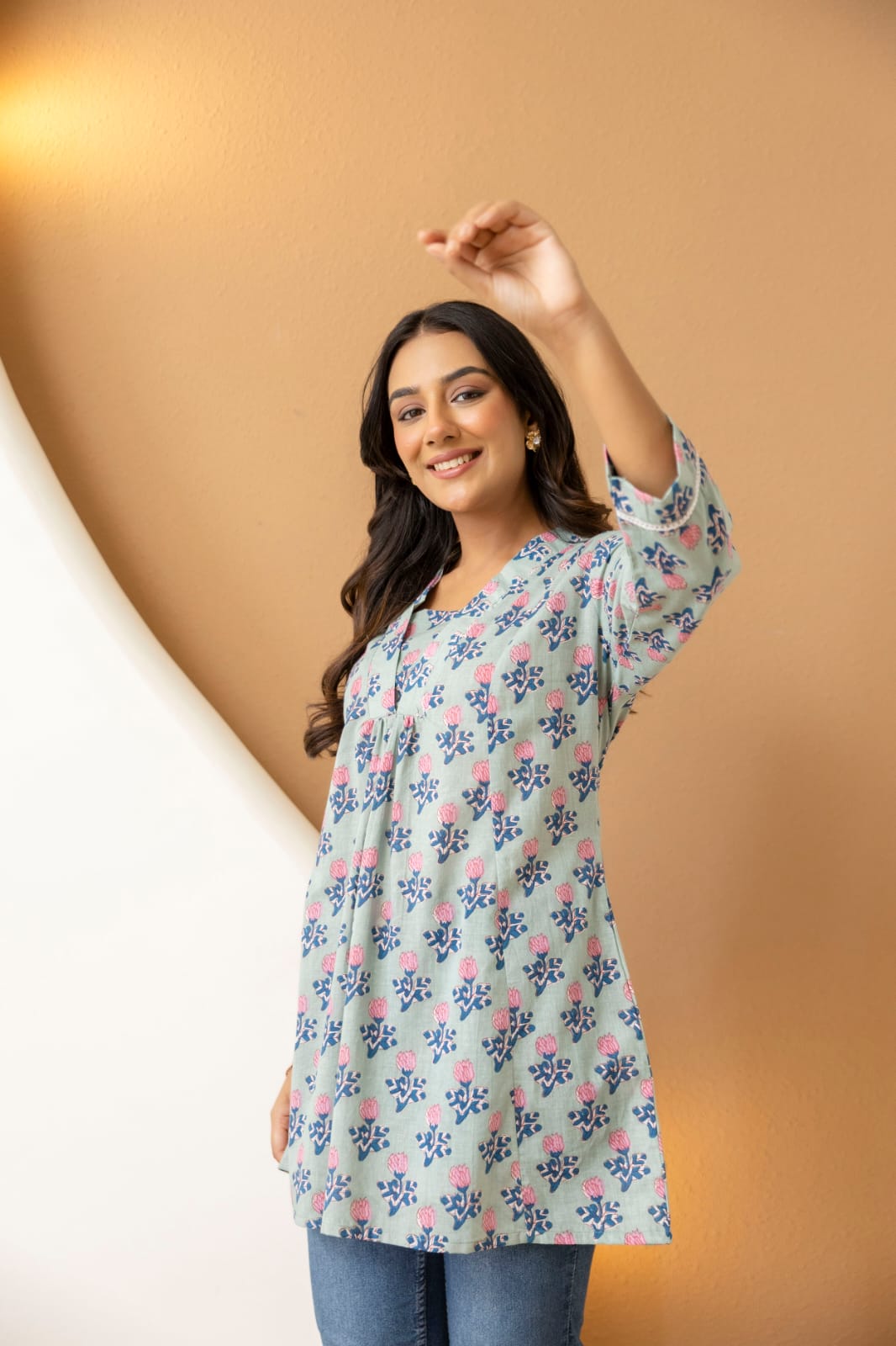 Sage Green Floral Cotton Short Kurti for Women
